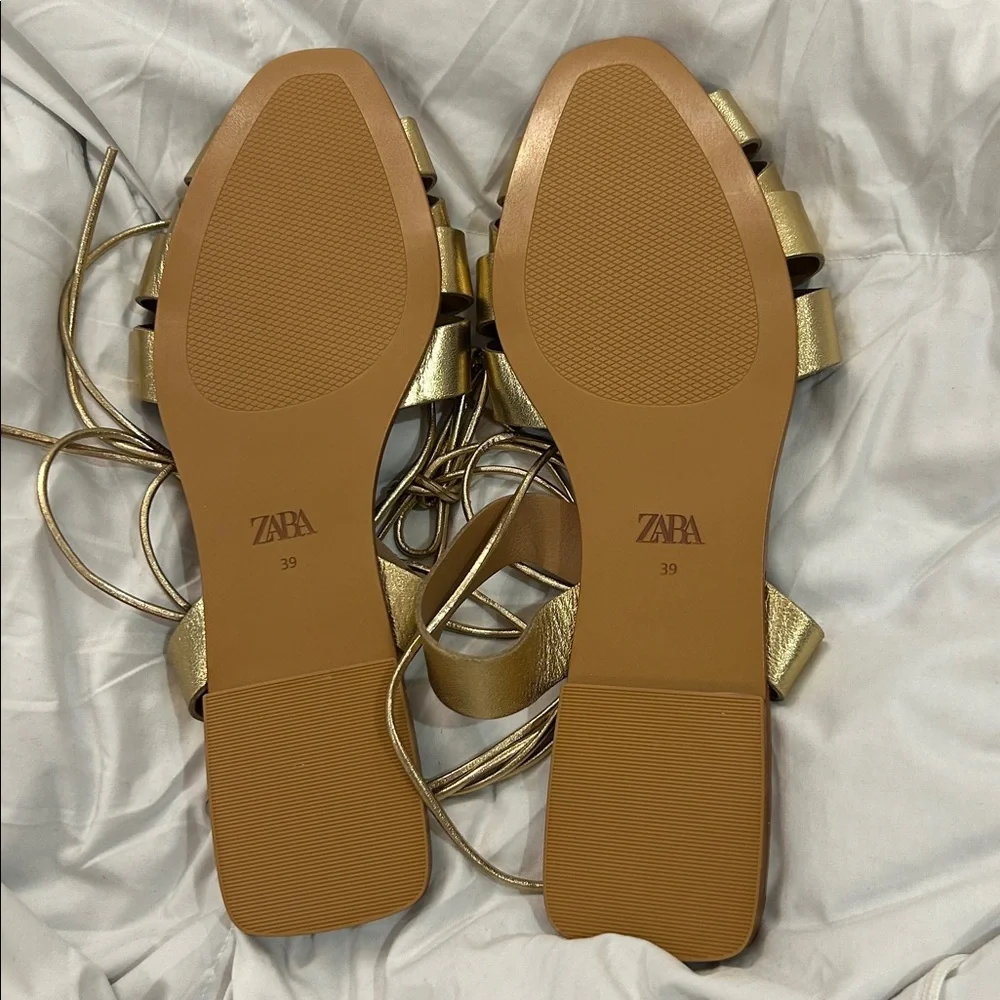 Zara Gold Leather Strappy Sandals - Picture 3 of 3